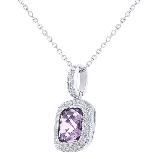 9ct White Gold 10pts Diamond Cushion 1.25ct Amethyst Necklace 16" - DP1AXL679WAM