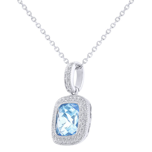 9ct White Gold Diamond Cushion 1.75ct Blue Topaz Necklace 16" - DP1AXL679WBT