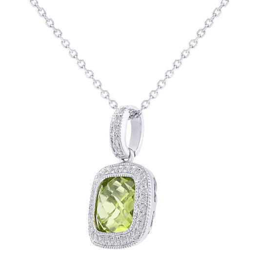 9ct White Gold 10pts Diamond Cushion 1.4ct Peridot Necklace 16" - DP1AXL679WPD