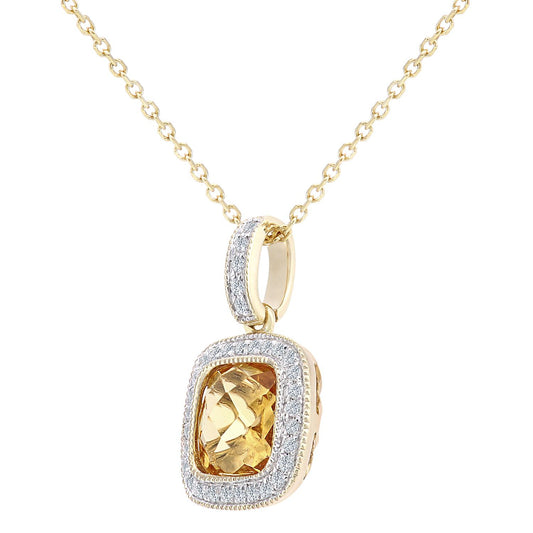 9ct Gold 10pts Diamond Cushion 1.15ct Citrine Necklace 16" - DP1AXL679YCT