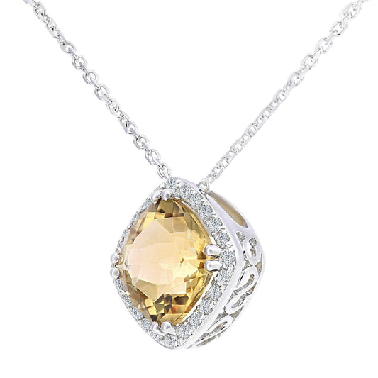 9ct White Gold 5pts Diamond Cushion 1.39ct Citrine Necklace 16" - DP1AXL681WCT