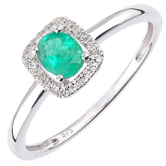 9ct White Gold Diamond Oval Emerald Square Cushion Halo Ring - DR1AXL611WEM