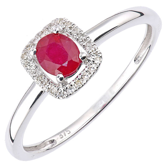 9ct White Gold Diamond Oval Ruby Square Cushion Halo Cluster Ring - DR1AXL611WRU