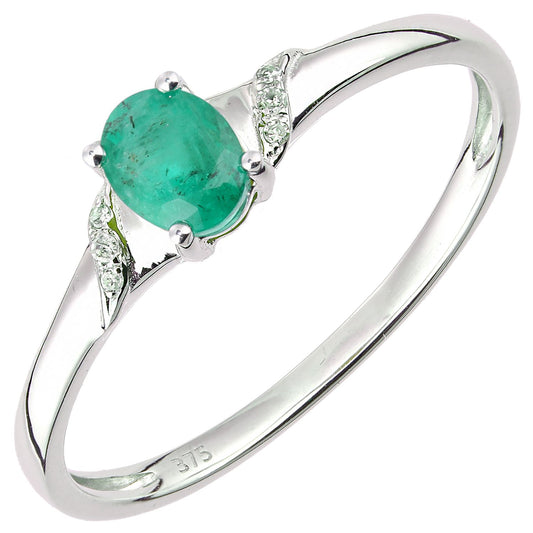9ct White Gold Diamond Oval 0.35ct Emerald Ribbon Solitaire Ring - DR1AXL612WEM