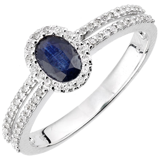 18ct White Gold Diamond Oval 0.55ct Sapphire Halo Cluster Ring - DR1AXL615W18SA