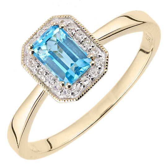 9ct Gold Diamond Octagon Blue Topaz Octagon Mill Grain Halo Ring - DR1AXL619YBT