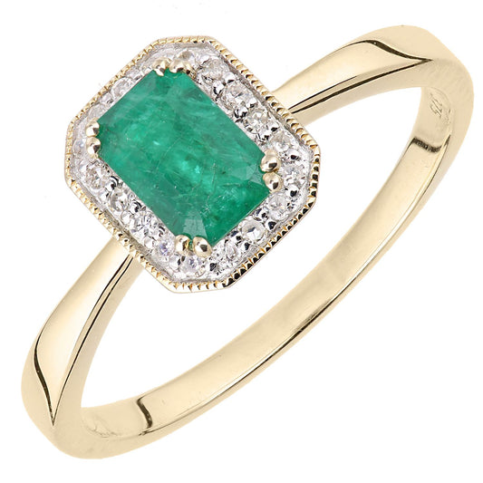 9ct Gold Diamond Octagon Emerald Octagon Mill Grain Halo Ring - DR1AXL619YEM