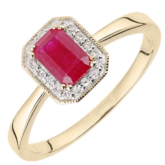 9ct Gold Diamond Octagon Ruby Octagon Mill Grain Halo Ring - DR1AXL619YRU