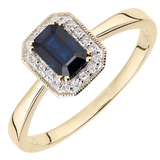 9ct Gold Diamond Octagon Sapphire Octagon Mill Grain Halo Ring - DR1AXL619YSA