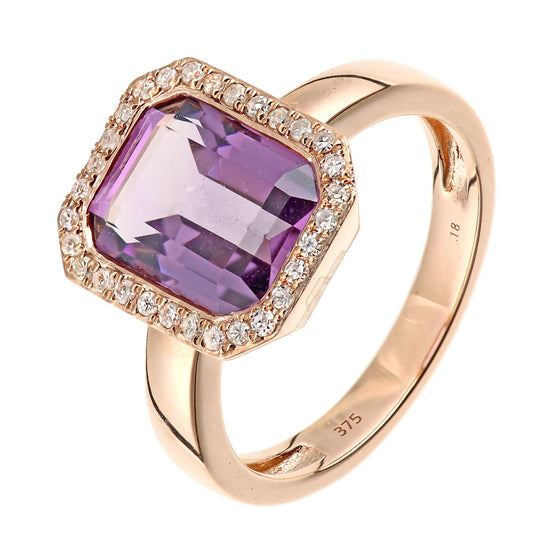 9ct Rose Gold Diamond Octagon Amethyst Octagon Halo Rubover Ring - DR1AXL677RAM