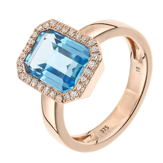 9ct Rose Gold Diamond Octagon 4ct Blue Topaz Octagon Halo Ring - DR1AXL677RBT