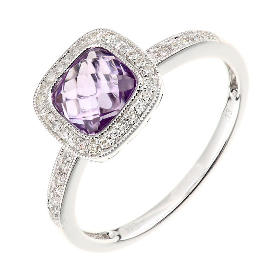 9ct White Gold Diamond Cushion Amethyst Square Cushion Halo Ring - DR1AXL679WAM