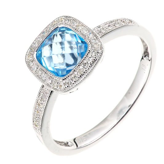 9ct White Gold Diamond 2ct Blue Topaz Square Cushion Halo Ring - DR1AXL679WBT