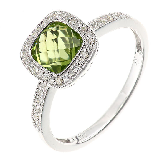 9ct White Gold Diamond Cushion Peridot Square Cushion Halo Ring - DR1AXL679WPD
