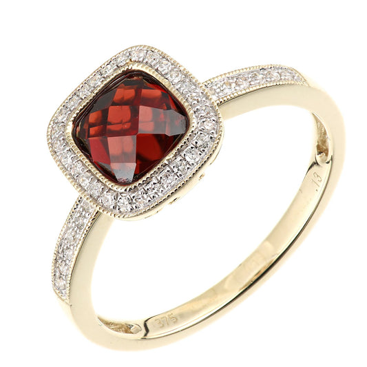 9ct Gold Diamond Cushion 2ct Garnet Square Cushion Halo Ring - DR1AXL679YGT