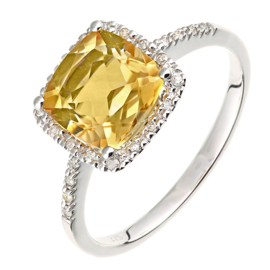 9ct White Gold Diamond Cushion Citrine Square Cushion Halo Ring - DR1AXL681WCT