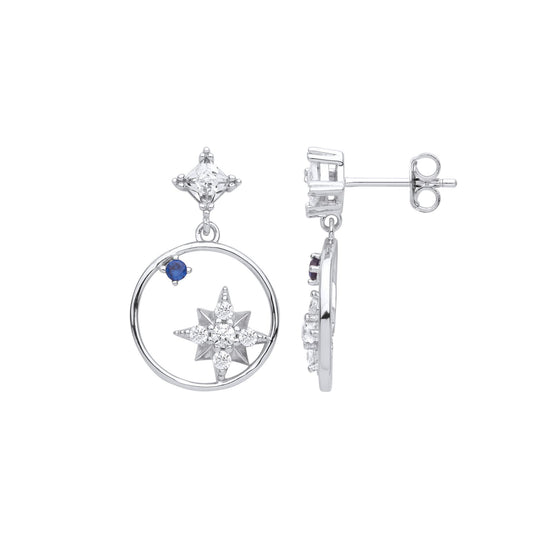 Sterling Silver Blue Princess CZ Orbit Star Planet Drop Earrings - EAG1003