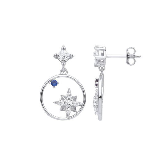 Sterling Silver Blue Princess CZ Orbit Star Planet Drop Earrings - EAG1003