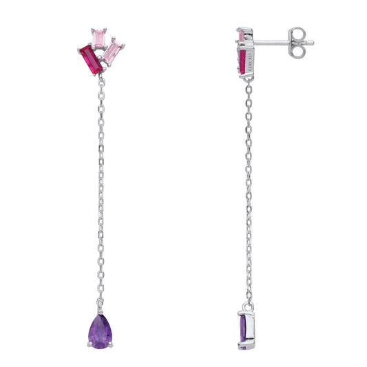 Silver Purple Red Pink Pear Emerald CZ Trilogy Drop Earrings - EAG1004