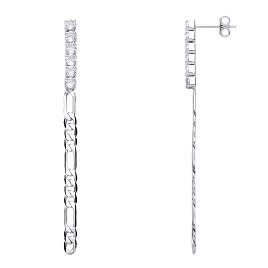 925 Silver CZ Eternity Figaro Chain Shoulder Duster Drop Earrings - EAG1006