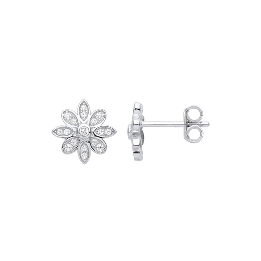 925 Silver CZ Octopetala 8 Petal Flower Cluster Stud Earrings - EAG1007