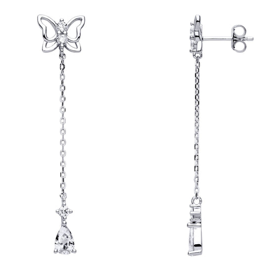 Sterling Silver Pear CZ Butterfly Shoulder Duster Drop Earrings - EAG1008
