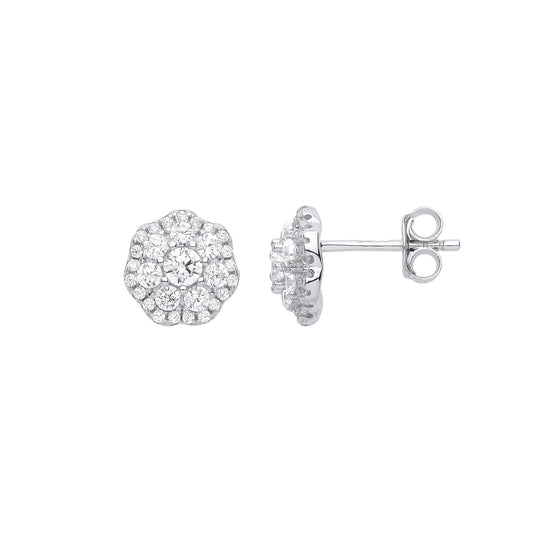 925 Sterling Silver CZ Scallop Edge Cluster Stud Earrings - EAG1013