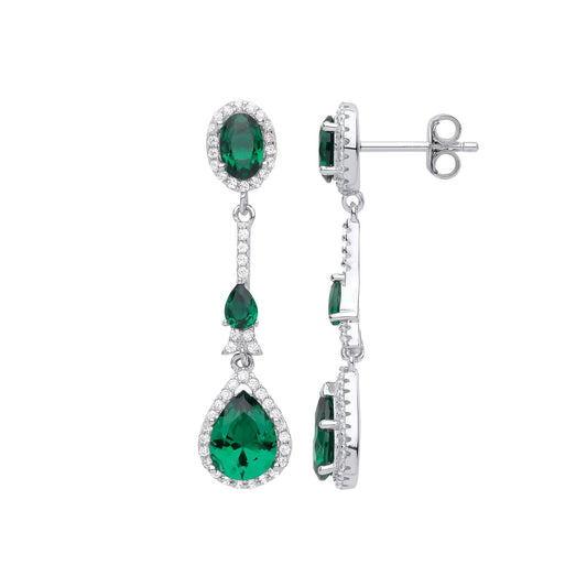 Silver Green Pear Oval CZ Royal Shoulder Duster Drop Earrings - EAG1015