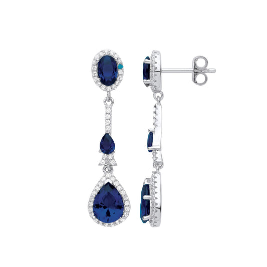 Silver Blue Pear Oval CZ Royal Shoulder Duster Drop Earrings - EAG1015SAP