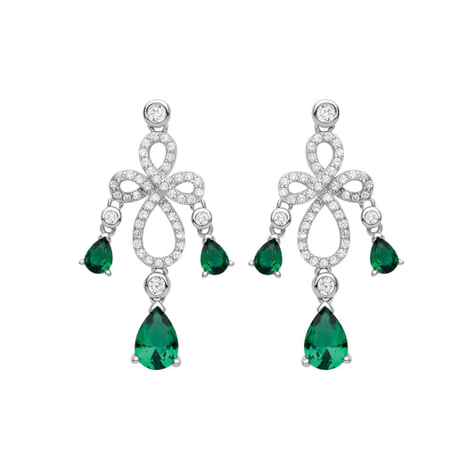 Silver Green Pear CZ Infinity Loop Cross Chandelier Drop Earrings - EAG1016