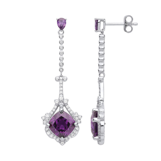 Silver Purple Cushion Pear CZ Flaming Comet Drop Earrings - EAG1018