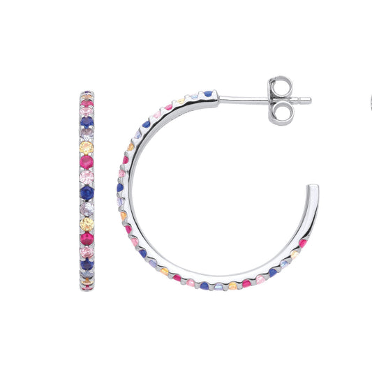Silver Rainbow CZ 3/4 Circle of Life Coral Hoop Earrings 24mm - EAG1023