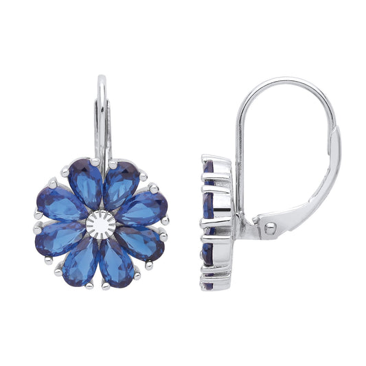 Silver Blue Pear CZ Octopetala 8 Petal Flower Drop Earrings - EAG1025