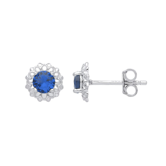 925 Silver Blue CZ Dalia Flower Petals Solitaire Stud Earrings - EAG1027