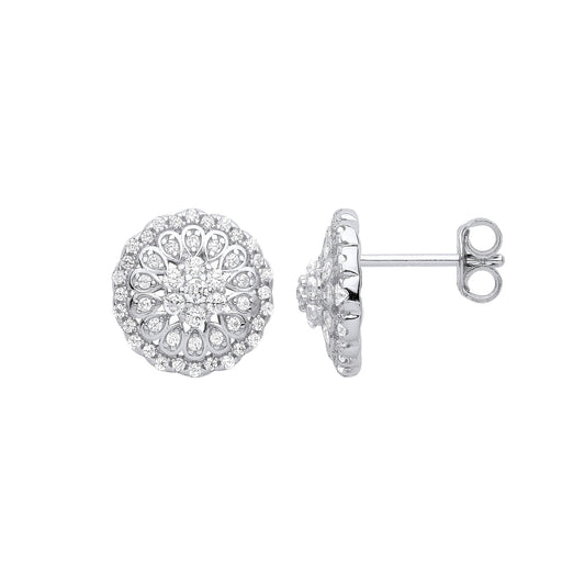 Sterling Silver CZ 14 Petal Flower Tiered Cluster Stud Earrings - EAG1031