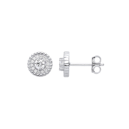 Sterling Silver CZ Bead Edge Halo Solitaire Cluster Stud Earrings - EAG1035