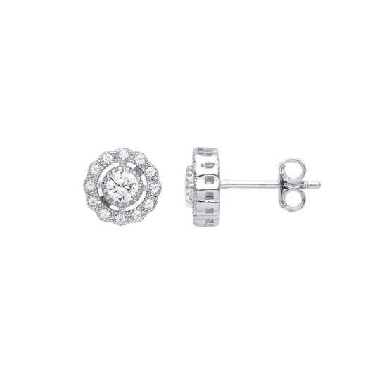 925 Sterling Silver CZ Scallop Edge Halo Solitaire Stud Earrings - EAG1037
