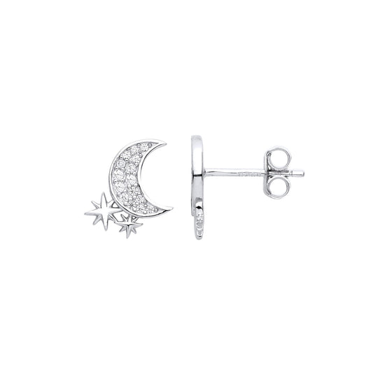 925 Sterling Silver CZ Crescent Moon Sparkly Stars Stud Earrings - EAG1039