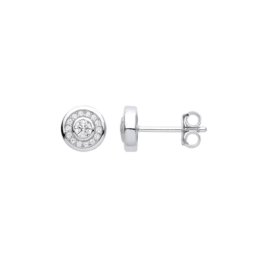 925 Sterling Silver CZ Halo Double Bezel Solitaire Stud Earrings - EAG1041