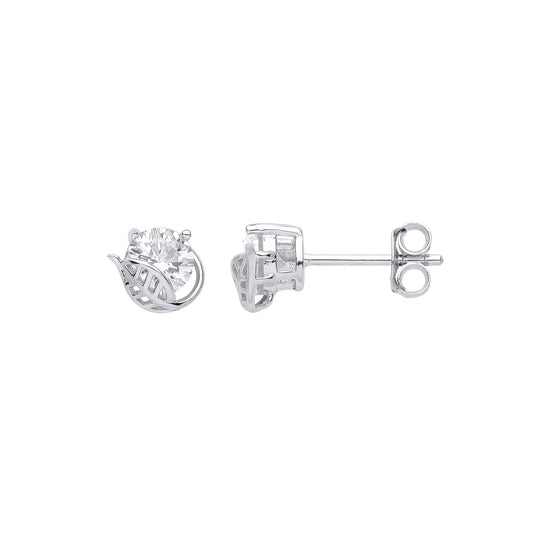 925 Sterling Silver CZ Leaf Cradled Solitaire Stud Earrings - EAG1045