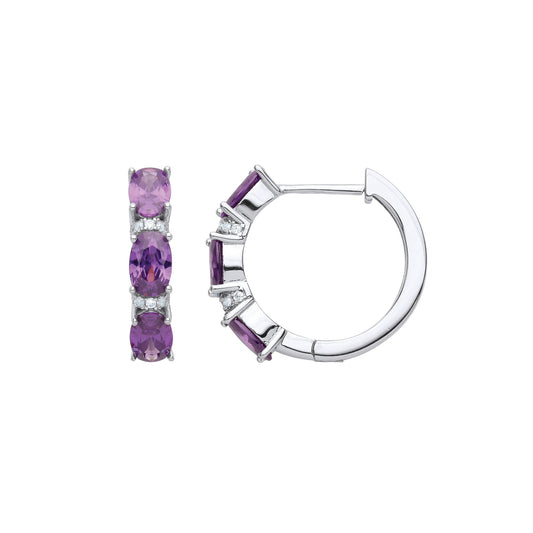 Silver Purple Oval CZ Arched Trilogy Hinged Huggie Hoop Earrings - EAG1057