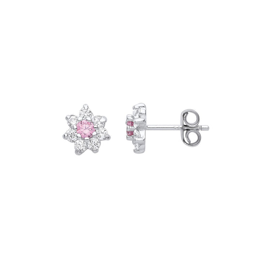 Sterling Silver Pink CZ 8 Stone Snowflake Cluster Stud Earrings - EAG1058