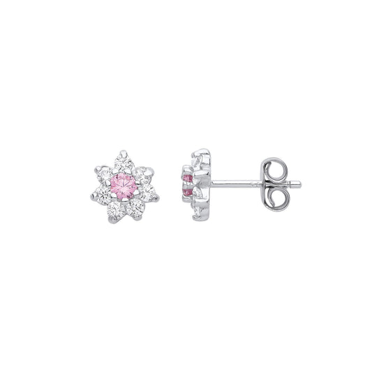 Sterling Silver Pink CZ 8 Stone Snowflake Cluster Stud Earrings - EAG1058