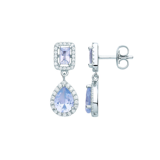 Silver Lilac Pear Emerald CZ Raindrop Double Halo Drop Earrings - EAG1072
