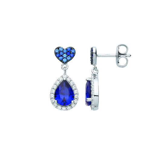 Silver Blue Pear CZ Heart Pillow Raindrop Halo Drop Earrings - EAG1074