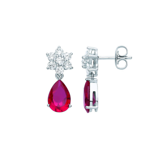 Silver Red Pear CZ Snowflaked Blood Drop Cluster Drop Earrings - EAG1077
