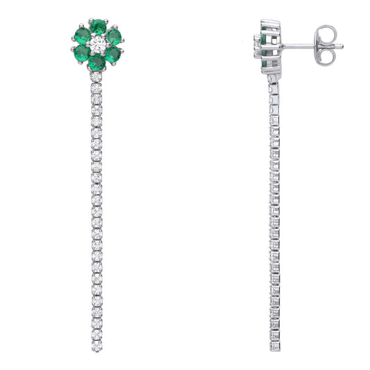 Silver Green CZ Flower Petal Shoulder Duster Drop Earrings - EAG1078EM