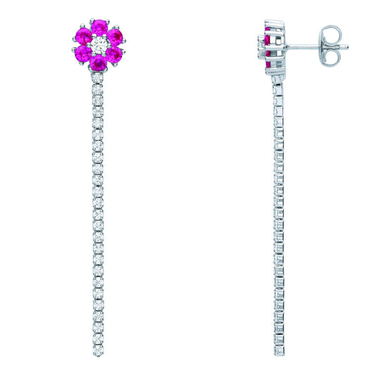 Silver Red CZ Flower Petal Cluster Shoulder Duster Drop Earrings - EAG1078RU