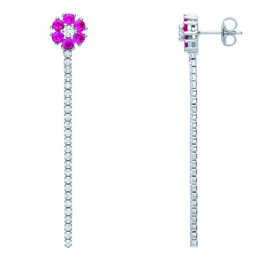 Silver Red CZ Flower Petal Cluster Shoulder Duster Drop Earrings - EAG1078RU
