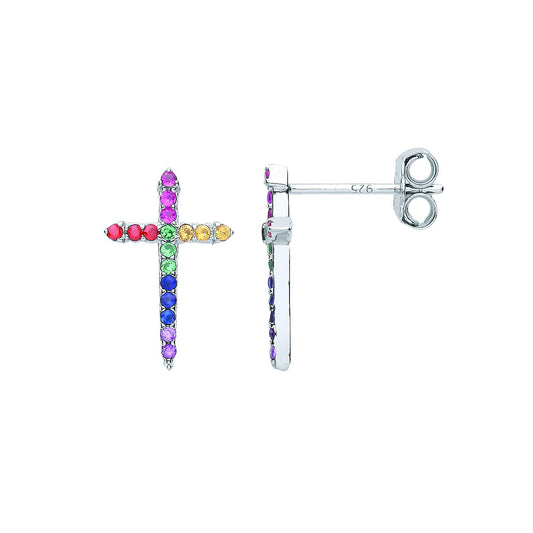 Sterling Silver Rainbow CZ Rainbow Religious Cross Drop Earrings - EAG1081